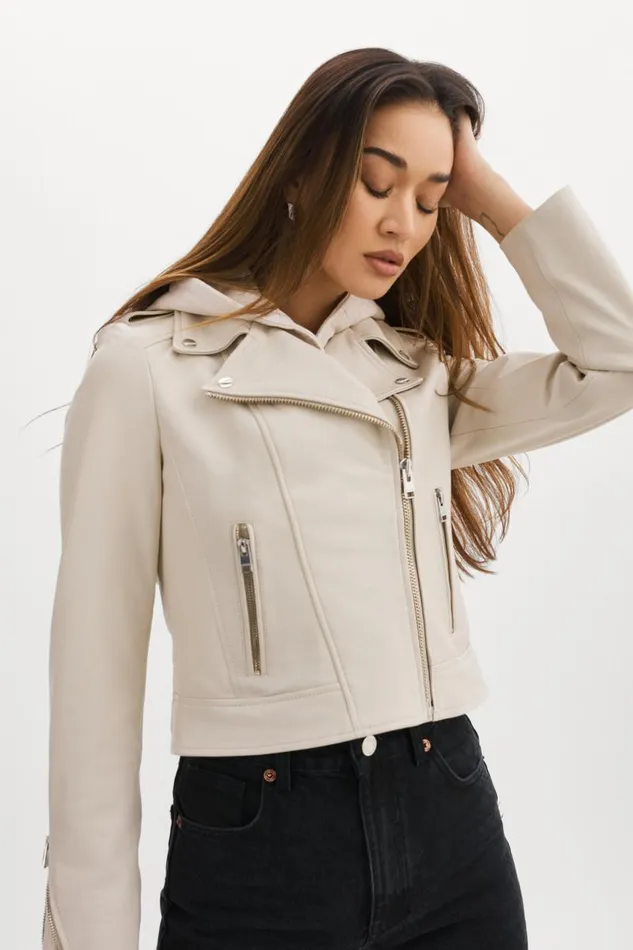 Women HOLY Leather Biker Jacket With Removable Hood Bone LAMARQUE Leather Jackets Women HOLY Leather Biker Jacket With Removable Hood Bone LAMARQUE Leather Jackets