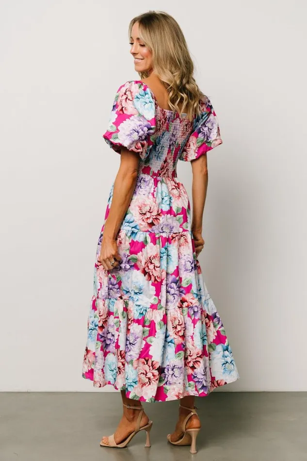 Women Iva Puff Sleeve Midi Dress Fuchsia Multi Floral Baltic Born Midi Dresses Women Iva Puff Sleeve Midi Dress Fuchsia Multi Floral Baltic Born Midi Dresses