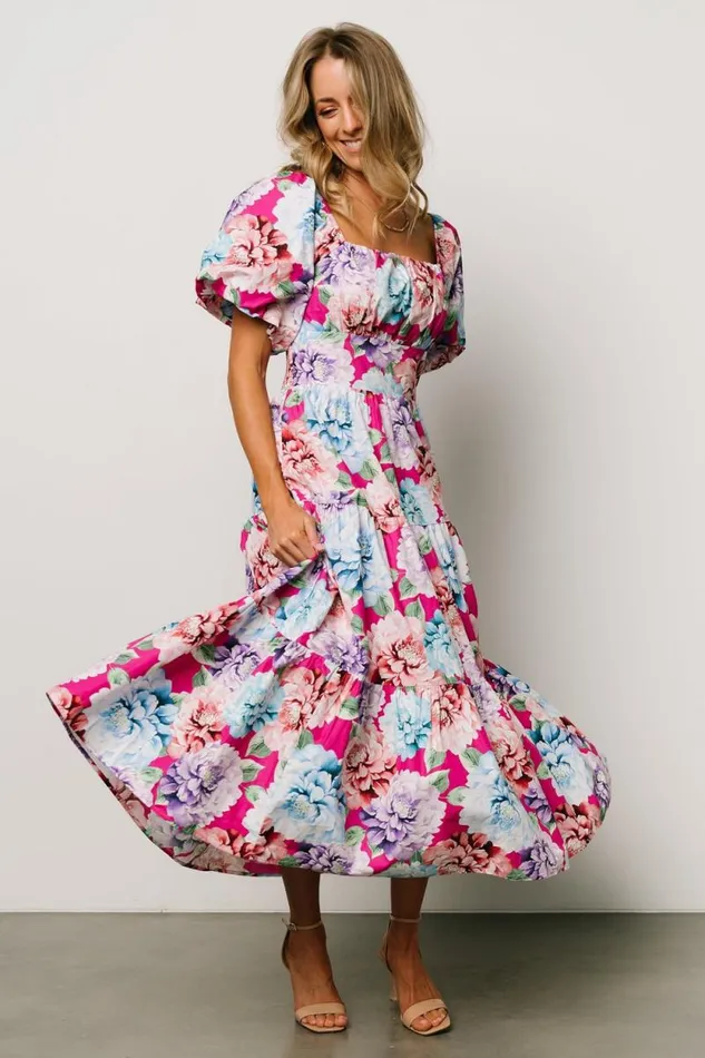 Women Iva Puff Sleeve Midi Dress Fuchsia Multi Floral Baltic Born Midi Dresses Women Iva Puff Sleeve Midi Dress Fuchsia Multi Floral Baltic Born Midi Dresses