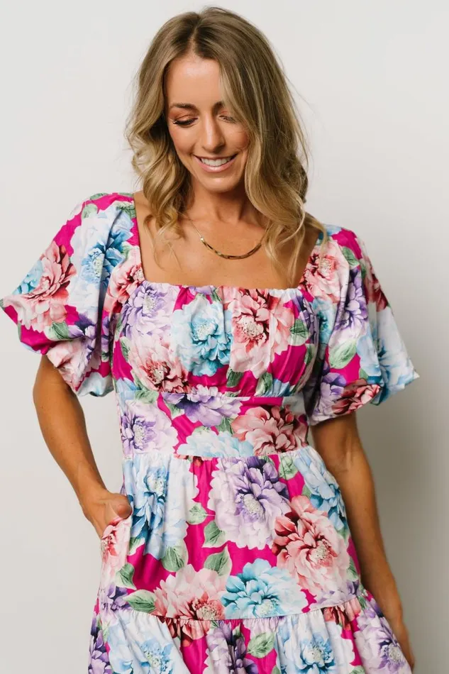 Women Iva Puff Sleeve Midi Dress Fuchsia Multi Floral Baltic Born Midi Dresses Women Iva Puff Sleeve Midi Dress Fuchsia Multi Floral Baltic Born Midi Dresses