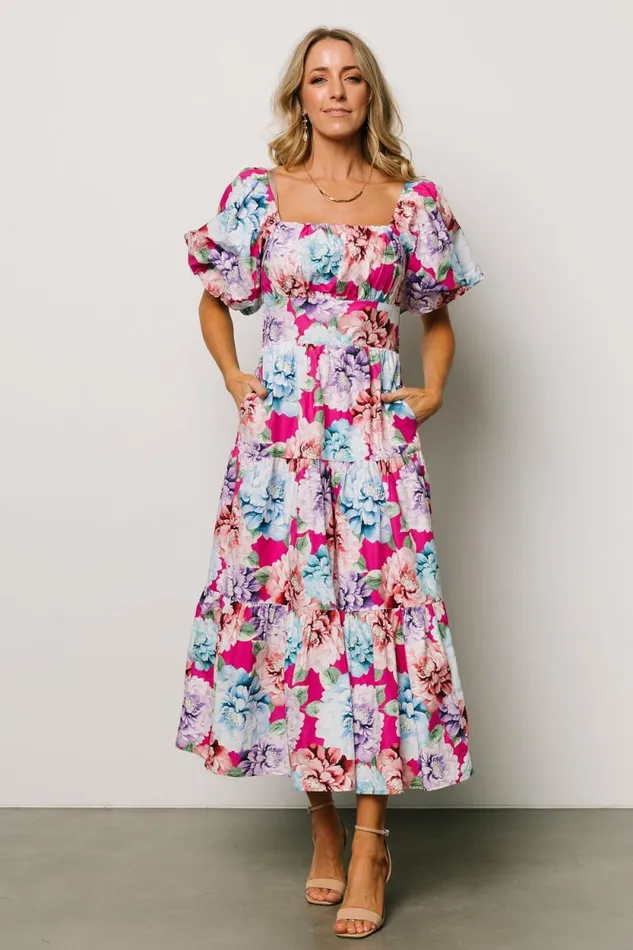 Women Iva Puff Sleeve Midi Dress Fuchsia Multi Floral Baltic Born Midi Dresses Women Iva Puff Sleeve Midi Dress Fuchsia Multi Floral Baltic Born Midi Dresses