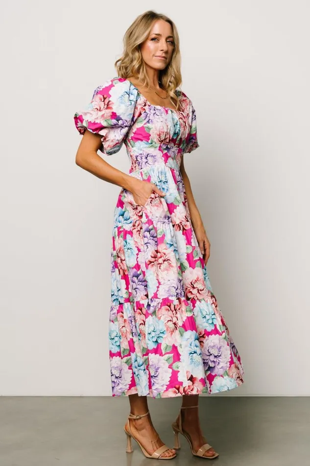 Women Iva Puff Sleeve Midi Dress Fuchsia Multi Floral Baltic Born Midi Dresses Women Iva Puff Sleeve Midi Dress Fuchsia Multi Floral Baltic Born Midi Dresses