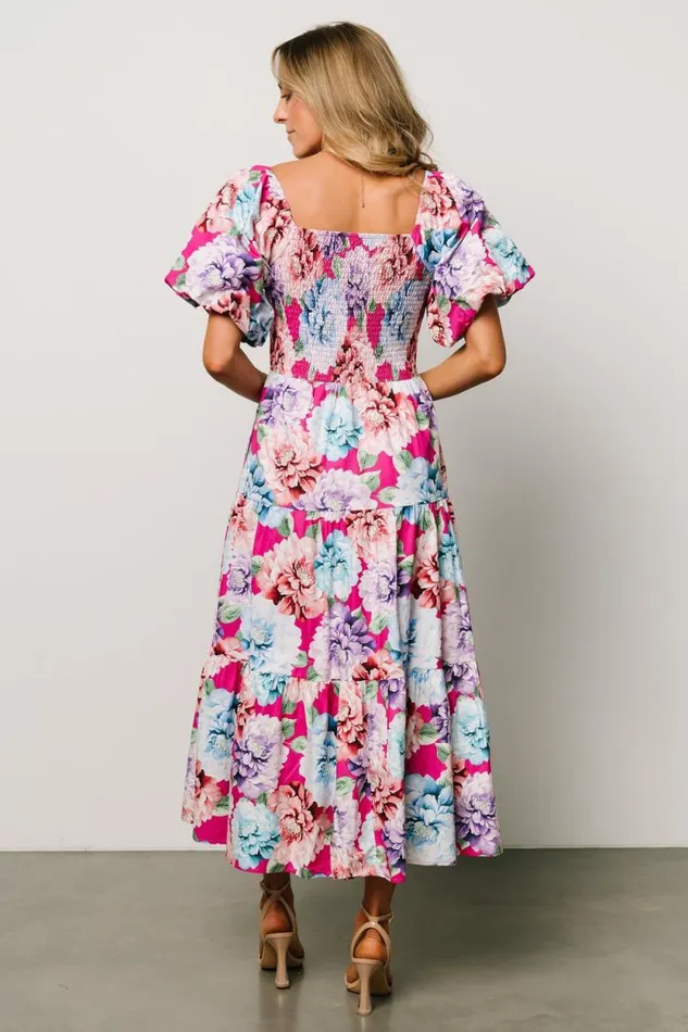 Women Iva Puff Sleeve Midi Dress Fuchsia Multi Floral Baltic Born Midi Dresses Women Iva Puff Sleeve Midi Dress Fuchsia Multi Floral Baltic Born Midi Dresses