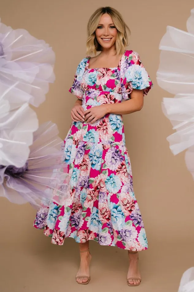 Women Iva Puff Sleeve Midi Dress Fuchsia Multi Floral Baltic Born Midi Dresses Women Iva Puff Sleeve Midi Dress Fuchsia Multi Floral Baltic Born Midi Dresses