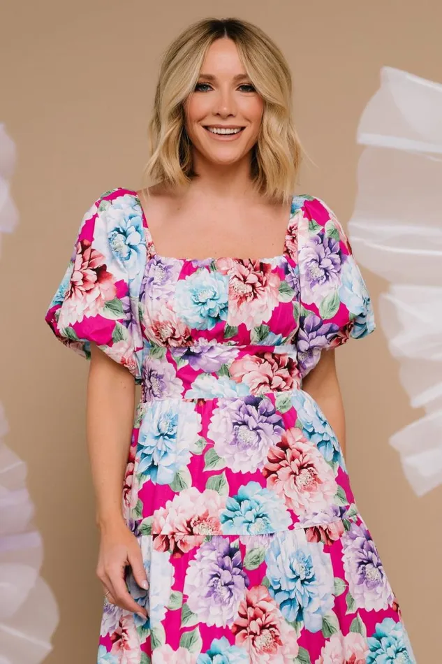 Women Iva Puff Sleeve Midi Dress Fuchsia Multi Floral Baltic Born Midi Dresses Women Iva Puff Sleeve Midi Dress Fuchsia Multi Floral Baltic Born Midi Dresses