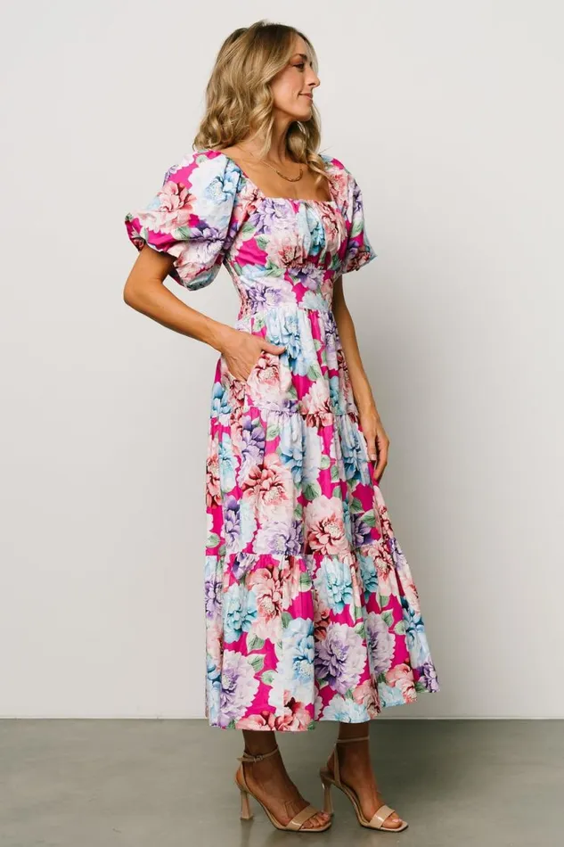 Women Iva Puff Sleeve Midi Dress Fuchsia Multi Floral Baltic Born Midi Dresses Women Iva Puff Sleeve Midi Dress Fuchsia Multi Floral Baltic Born Midi Dresses