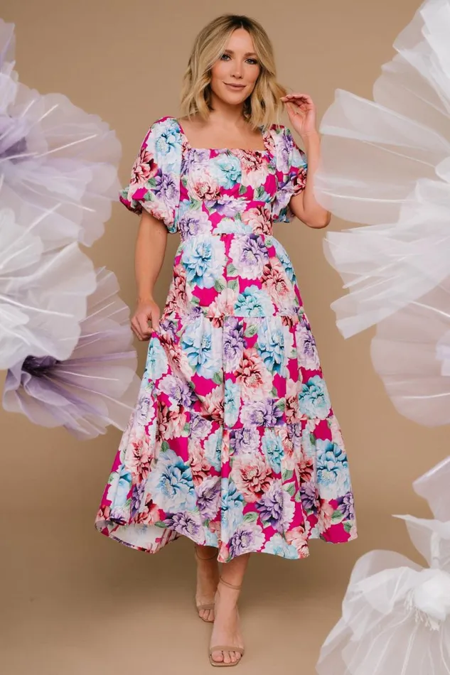 Women Iva Puff Sleeve Midi Dress Fuchsia Multi Floral Baltic Born Midi Dresses Women Iva Puff Sleeve Midi Dress Fuchsia Multi Floral Baltic Born Midi Dresses