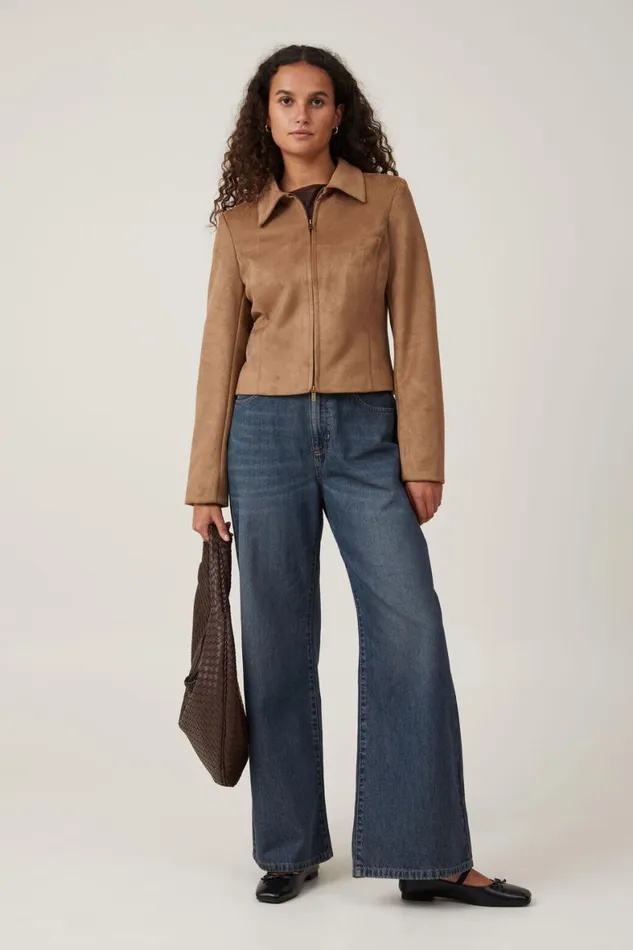 Women Jackets Cotton On Faux Suede Fitted Zip Jacket Tan