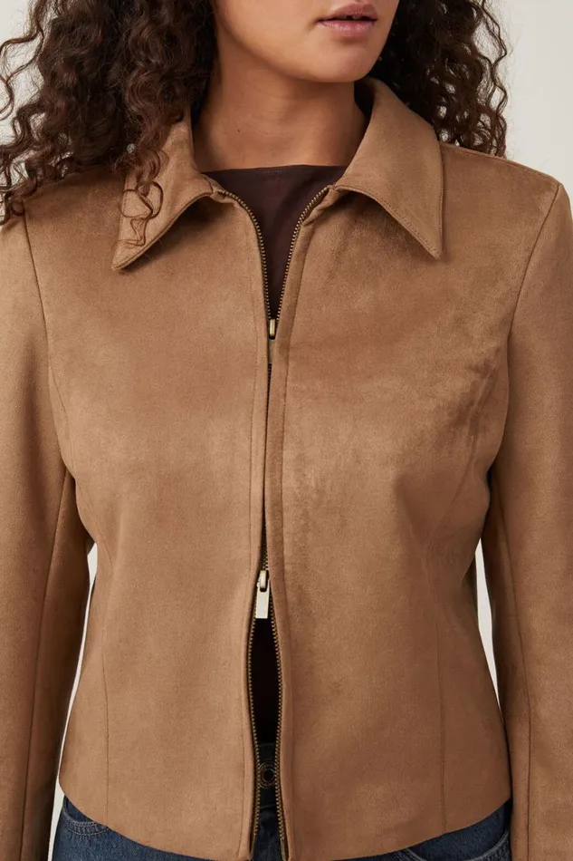 Women Jackets Cotton On Faux Suede Fitted Zip Jacket Tan