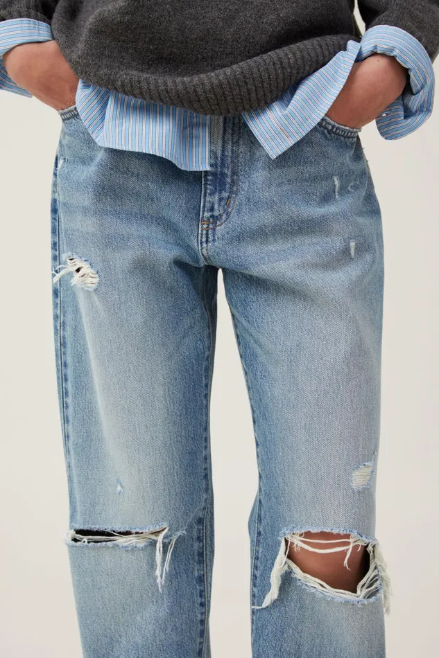 Women Jeans Cotton On Original Straight Jean Lake Blue Rips