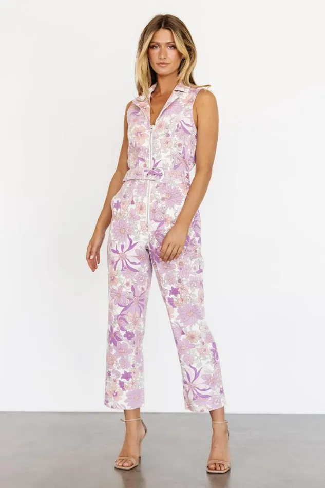 Women JoJo Sleeveless Jumpsuit Purple Floral Baltic Born Jumpsuits and Rompers Women JoJo Sleeveless Jumpsuit Purple Floral Baltic Born Jumpsuits and Rompers