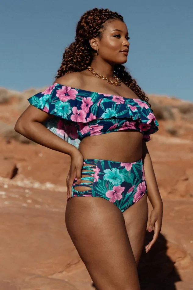 Women Keke Off Shoulder Bikini Top Navy Tropical Floral Baltic Born Bikini Women Keke Off Shoulder Bikini Top Navy Tropical Floral Baltic Born Bikini
