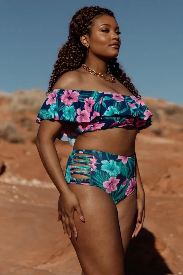 Women Keke Off Shoulder Bikini Top Navy Tropical Floral Baltic Born Bikini Women Keke Off Shoulder Bikini Top Navy Tropical Floral Baltic Born Bikini