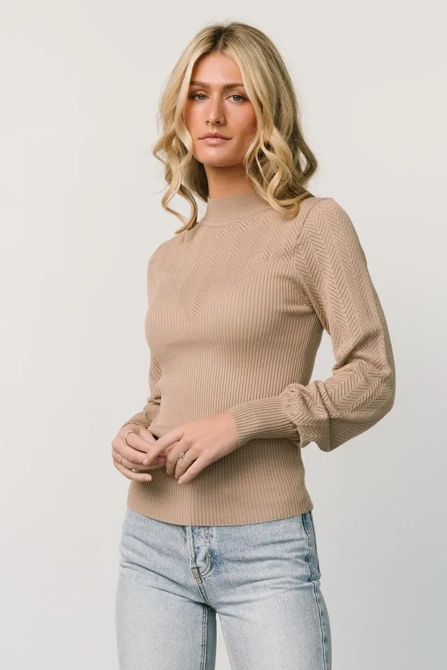 Women Kenzie Pointelle Sweater Top Taupe Baltic Born Blouses and Shirts