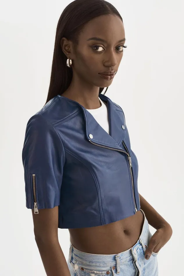 Women KIRSI Cropped Biker Jacket Aegean Blue LAMARQUE Short Sleeve Jackets