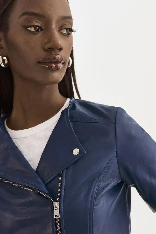Women KIRSI Cropped Biker Jacket Aegean Blue LAMARQUE Short Sleeve Jackets