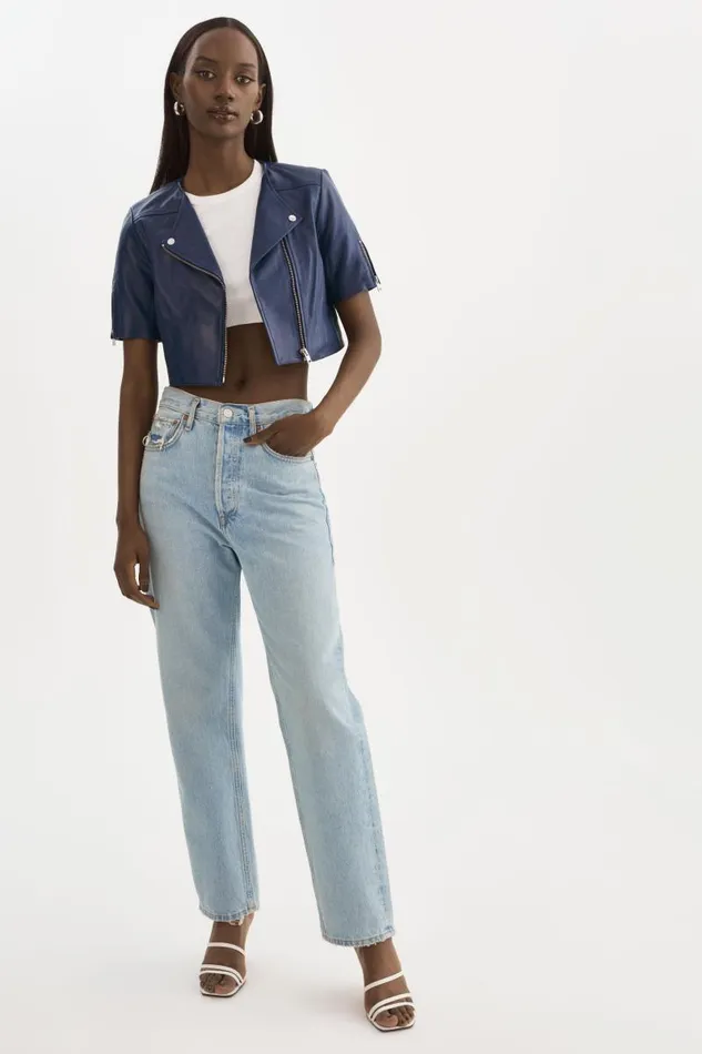 Women KIRSI Cropped Biker Jacket Aegean Blue LAMARQUE Short Sleeve Jackets