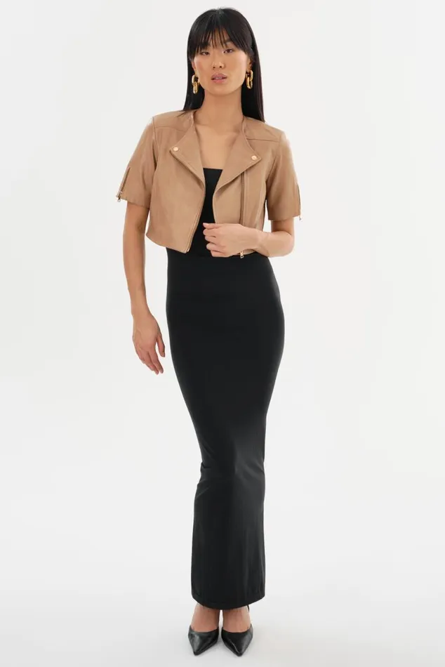 Women KIRSI GOLD Cropped Biker Jacket Camel LAMARQUE Short Sleeve Jackets