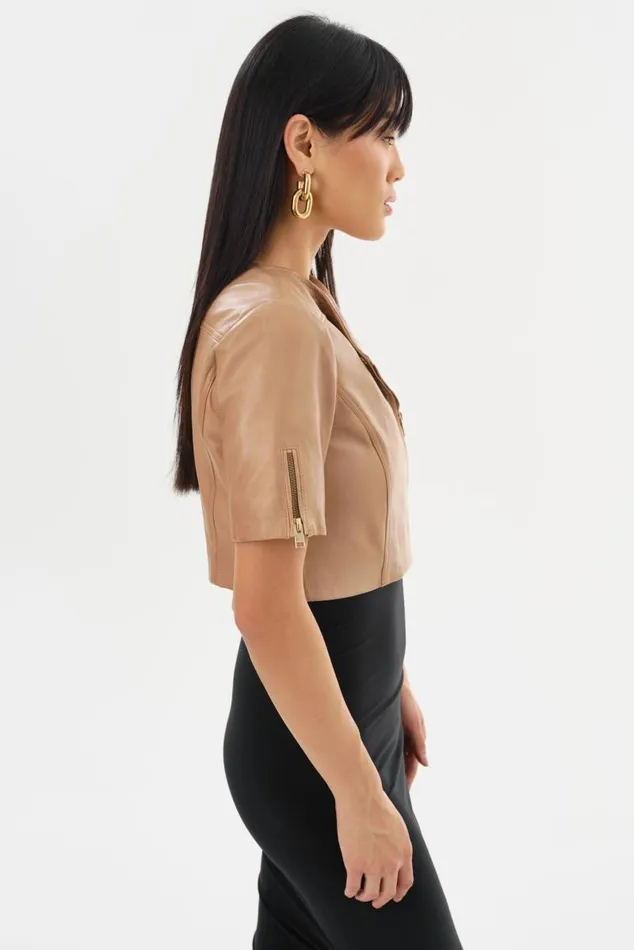 Women KIRSI GOLD Cropped Biker Jacket Camel LAMARQUE Short Sleeve Jackets