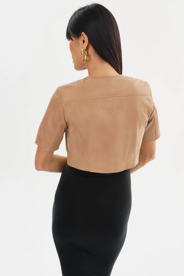Women KIRSI GOLD Cropped Biker Jacket Camel LAMARQUE Short Sleeve Jackets