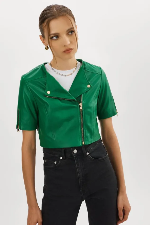 Women KIRSI GOLD Cropped Biker Jacket Vibrant Green LAMARQUE Biker Jackets