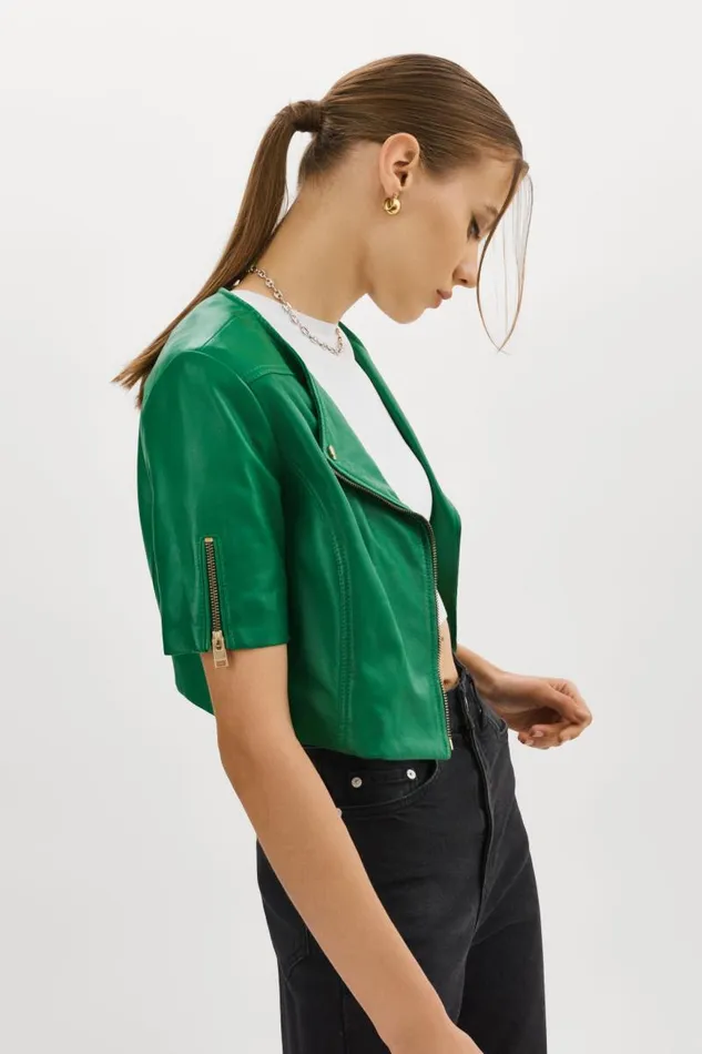 Women KIRSI GOLD Cropped Biker Jacket Vibrant Green LAMARQUE Biker Jackets