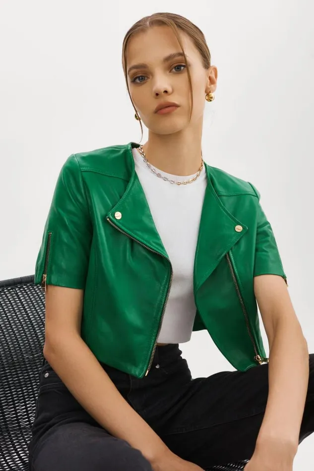 Women KIRSI GOLD Cropped Biker Jacket Vibrant Green LAMARQUE Biker Jackets