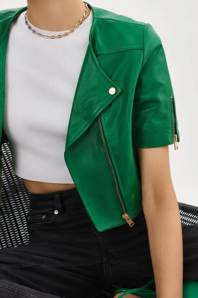 Women KIRSI GOLD Cropped Biker Jacket Vibrant Green LAMARQUE Biker Jackets