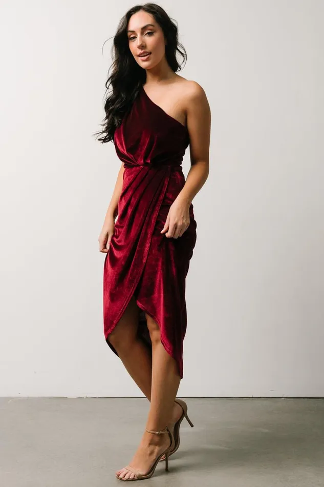 Women Kourtney Velvet One Shoulder Midi Dress Merlot Baltic Born Midi Dresses Women Kourtney Velvet One Shoulder Midi Dress Merlot Baltic Born Midi Dresses