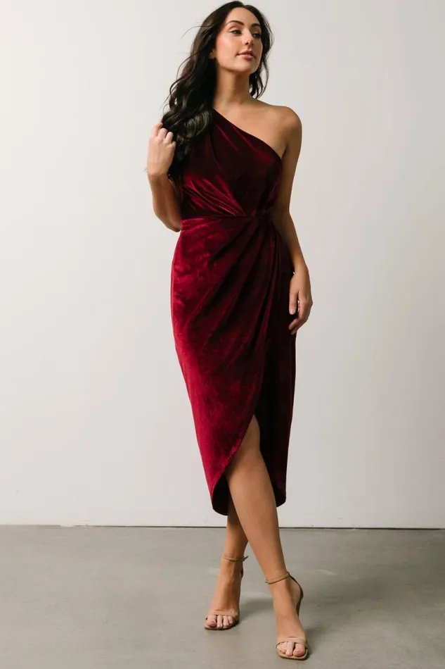 Women Kourtney Velvet One Shoulder Midi Dress Merlot Baltic Born Midi Dresses Women Kourtney Velvet One Shoulder Midi Dress Merlot Baltic Born Midi Dresses