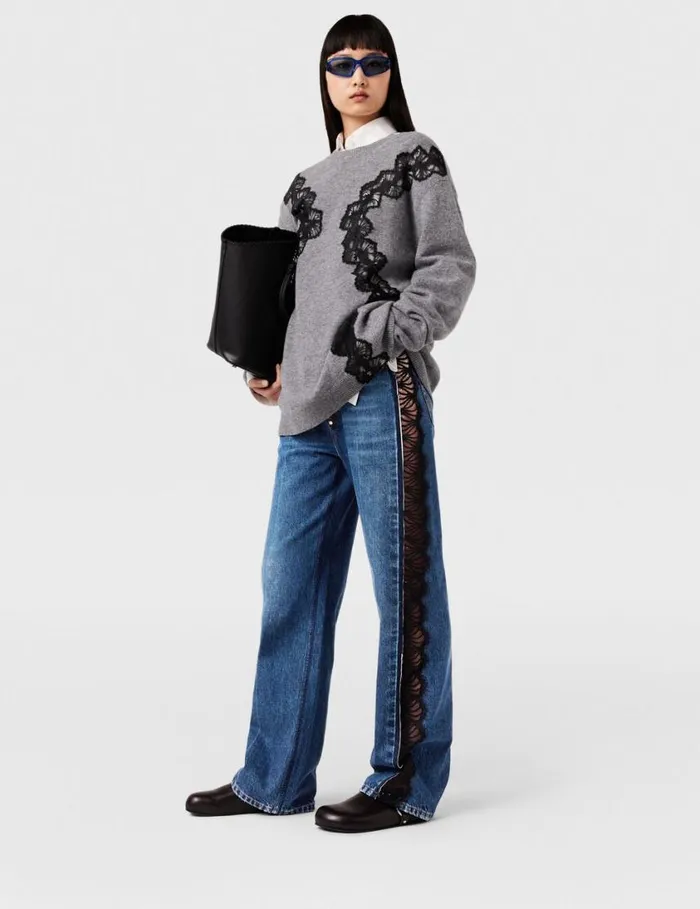 Women Lace Insert Long Sleeve Sweater Grey Melange Stella McCartney Knitwear Women Lace Insert Long Sleeve Sweater Grey Melange Stella McCartney Knitwear