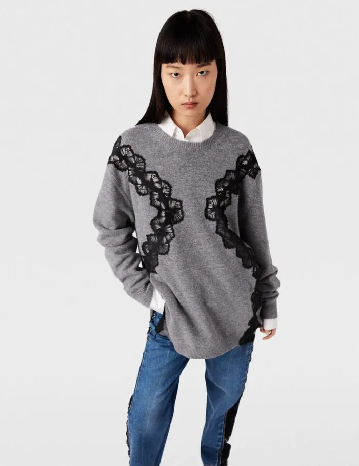 Women Lace Insert Long Sleeve Sweater Grey Melange Stella McCartney Knitwear Women Lace Insert Long Sleeve Sweater Grey Melange Stella McCartney Knitwear