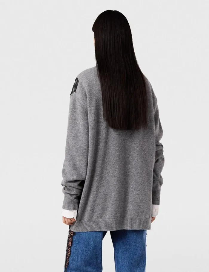 Women Lace Insert Long Sleeve Sweater Grey Melange Stella McCartney Knitwear Women Lace Insert Long Sleeve Sweater Grey Melange Stella McCartney Knitwear