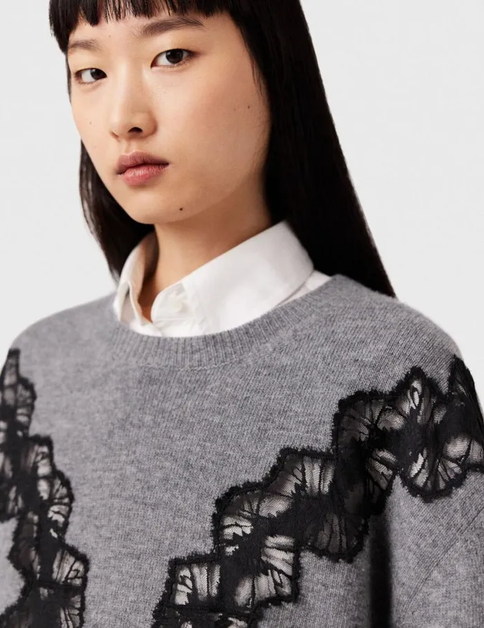 Women Lace Insert Long Sleeve Sweater Grey Melange Stella McCartney Knitwear Women Lace Insert Long Sleeve Sweater Grey Melange Stella McCartney Knitwear