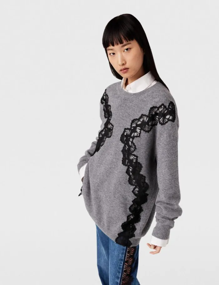Women Lace Insert Long Sleeve Sweater Grey Melange Stella McCartney Knitwear Women Lace Insert Long Sleeve Sweater Grey Melange Stella McCartney Knitwear