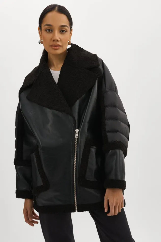 Women LISA Oversized Mixed Media Cocoon Jacket Black Black LAMARQUE Sherpa Women LISA Oversized Mixed Media Cocoon Jacket Black Black LAMARQUE Sherpa