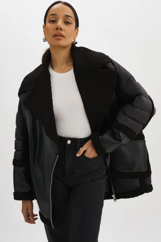 Women LISA Oversized Mixed Media Cocoon Jacket Black Black LAMARQUE Sherpa Women LISA Oversized Mixed Media Cocoon Jacket Black Black LAMARQUE Sherpa