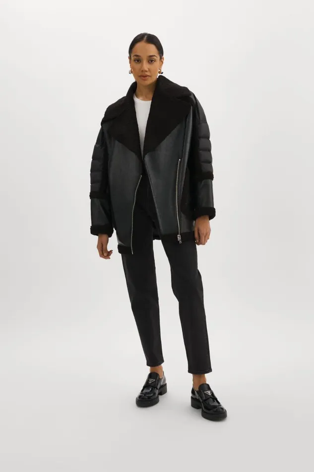 Women LISA Oversized Mixed Media Cocoon Jacket Black Black LAMARQUE Sherpa Women LISA Oversized Mixed Media Cocoon Jacket Black Black LAMARQUE Sherpa