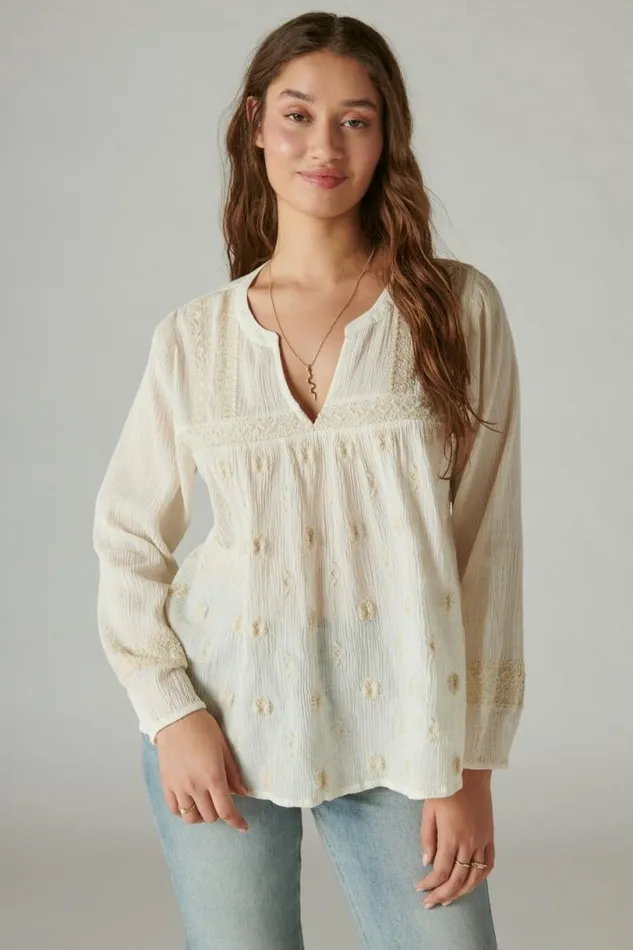 Women Lucky Brand All Tops Embroidered Popover Blouse Whisper White