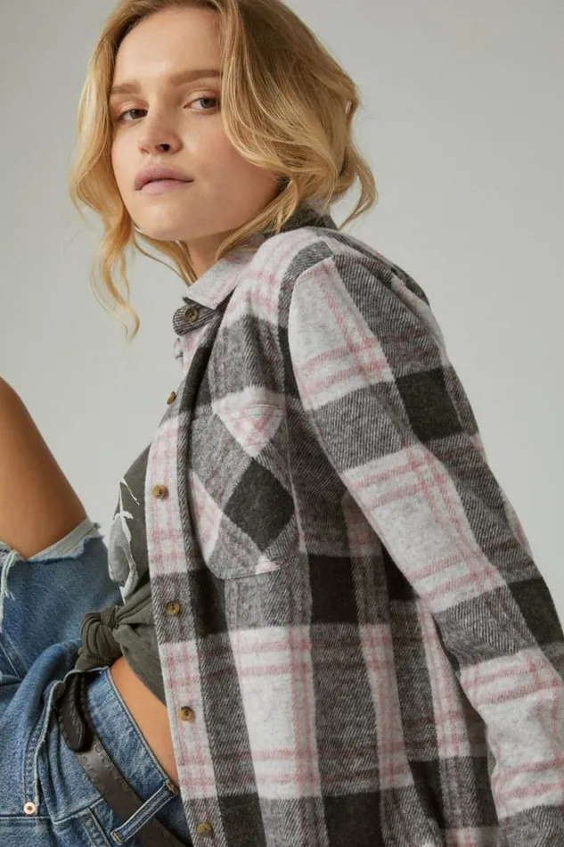 Women Lucky Brand All Tops Knit Shirt Jacket Black Plaid