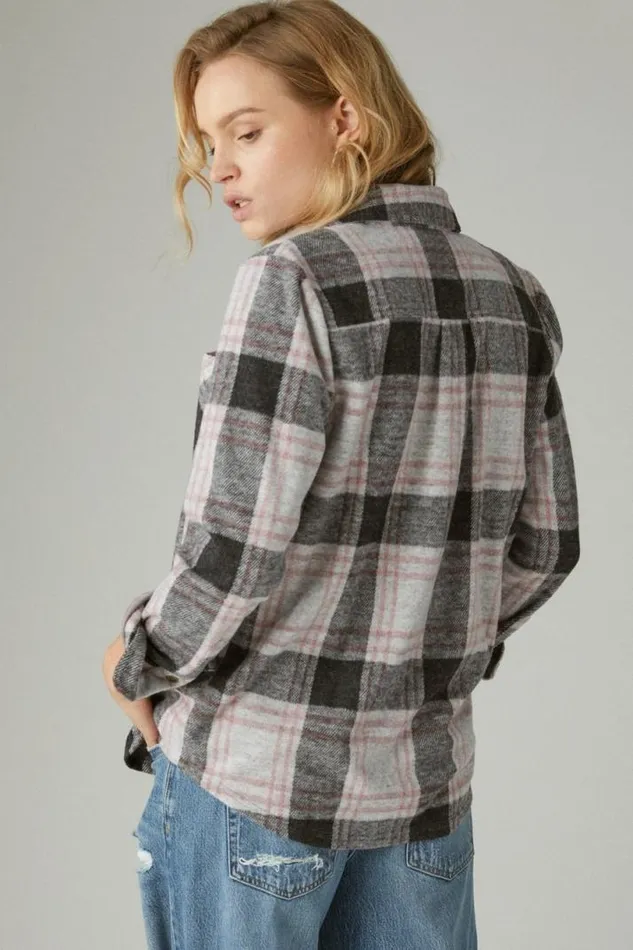 Women Lucky Brand All Tops Knit Shirt Jacket Black Plaid