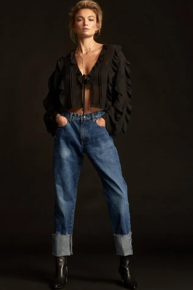 Women Lucky Brand Blouses Long Sleeve Ruffle Top Black