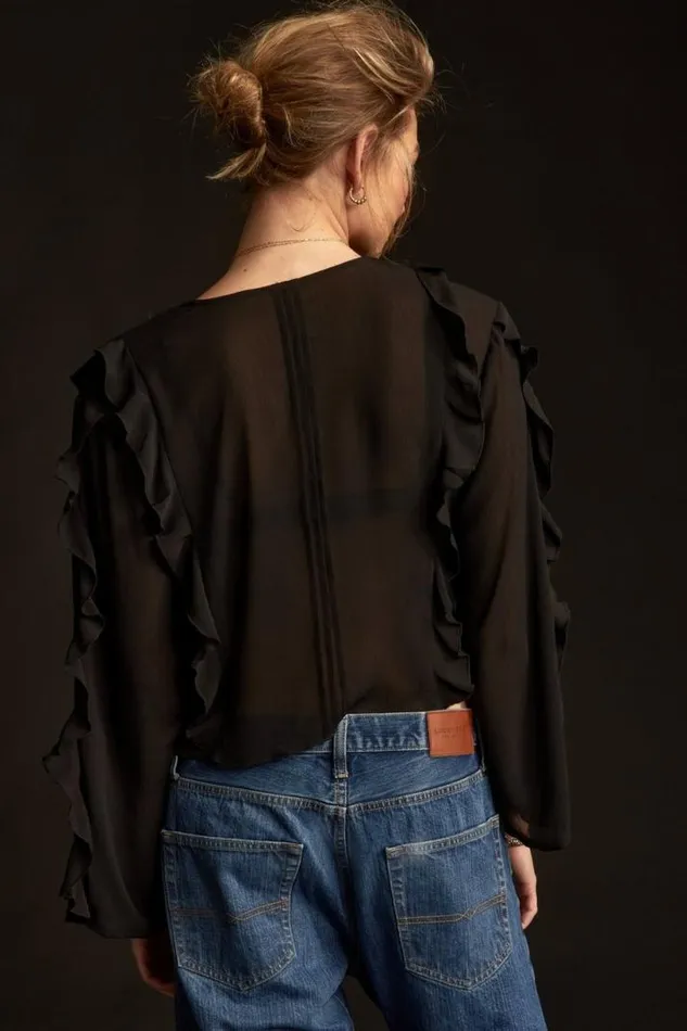 Women Lucky Brand Blouses Long Sleeve Ruffle Top Black