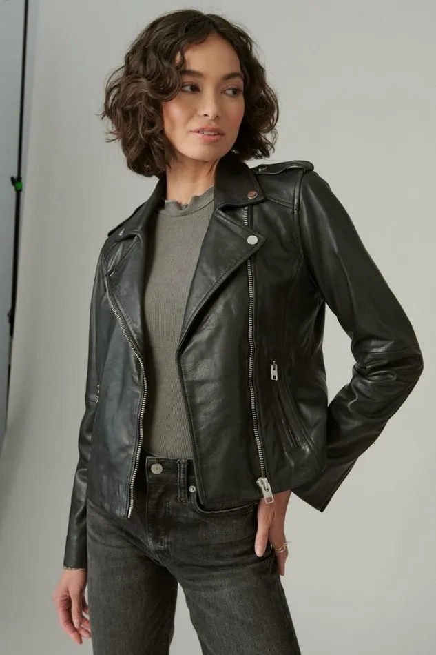 Women Lucky Brand Jackets and Outerwear Classic Leather Moto Jacket Washed Black