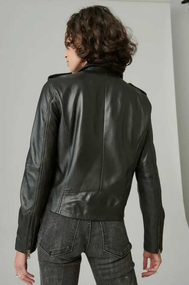 Women Lucky Brand Jackets and Outerwear Classic Leather Moto Jacket Washed Black