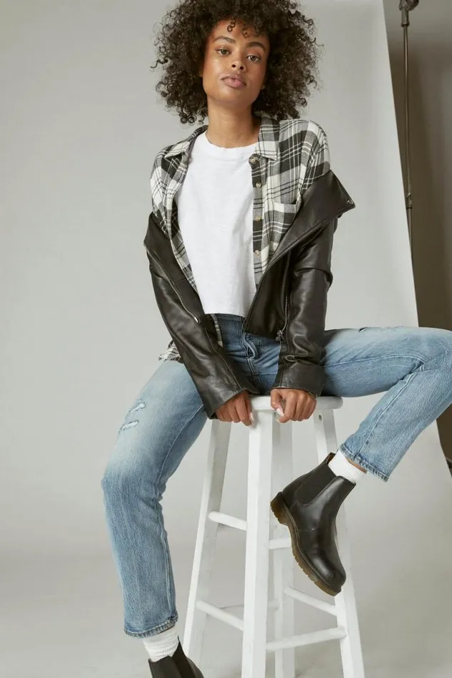 Women Lucky Brand Jackets and Outerwear Classic Leather Moto Jacket Washed Black