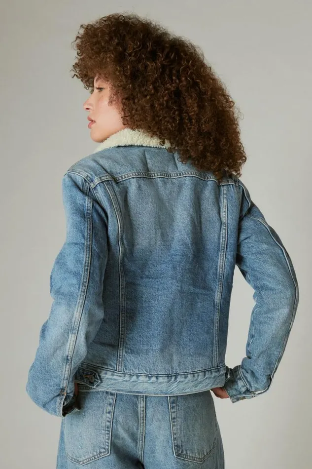 Women Lucky Brand Jackets and Outerwear Faux Shearling Lined Denim Trucker Jacket Loretto Sky