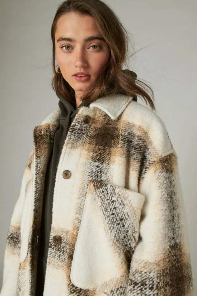 Women Lucky Brand Jackets and Outerwear Oversized Plaid Shirt Jacket Cream Plaid