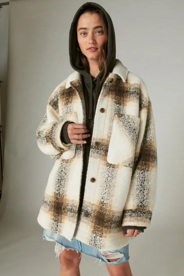 Women Lucky Brand Jackets and Outerwear Oversized Plaid Shirt Jacket Cream Plaid