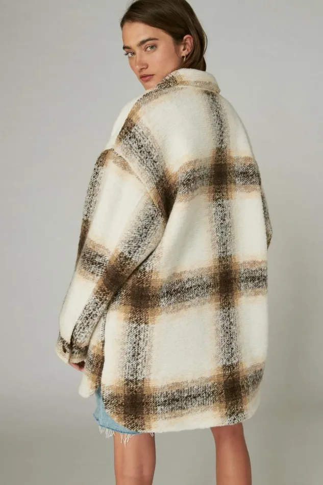 Women Lucky Brand Jackets and Outerwear Oversized Plaid Shirt Jacket Cream Plaid